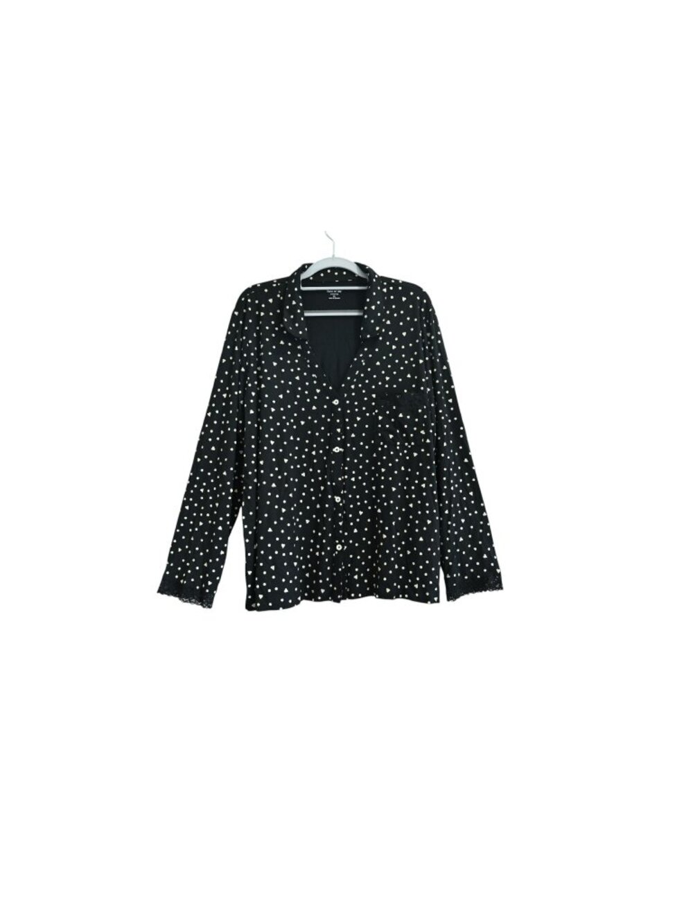NWOT State of Day Jersey Pajama Top Sz XL Black Polka Dot Button Front Lace Trim